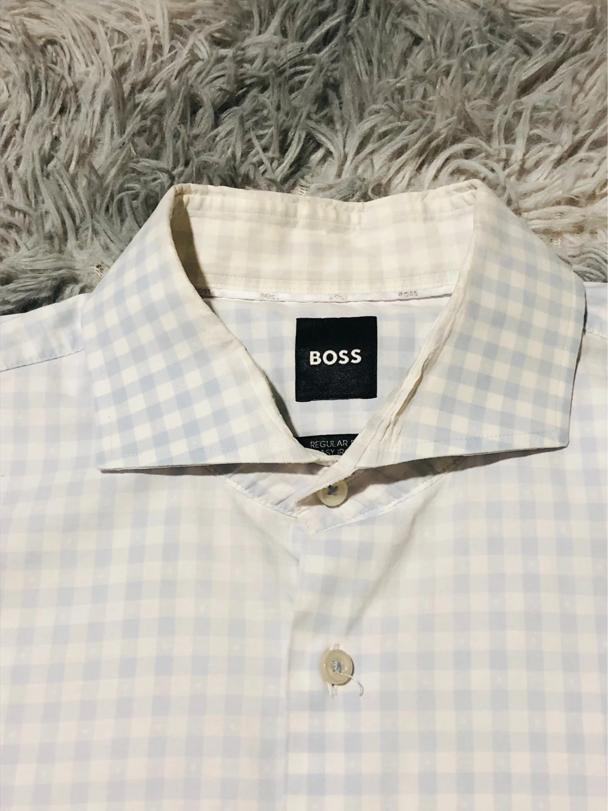 Hugo Boss Shirt Light Blue White Gingham Check Regular Fit Easy Iron Long Sleeve Button-Up - Size L – Hugo Boss – taille L 2