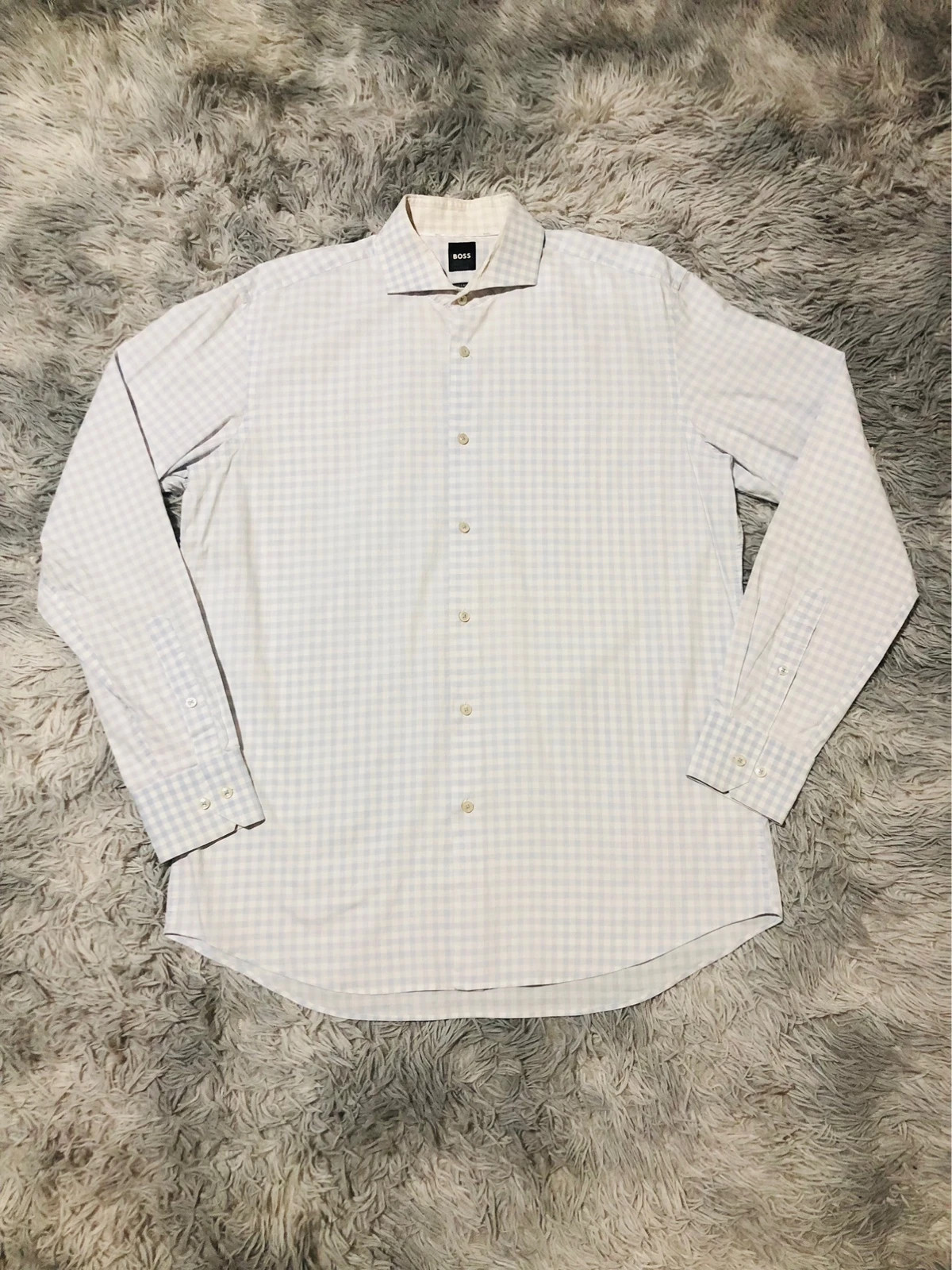 Hugo Boss Shirt Light Blue White Gingham Check Regular Fit Easy Iron Long Sleeve Button-Up - Size L