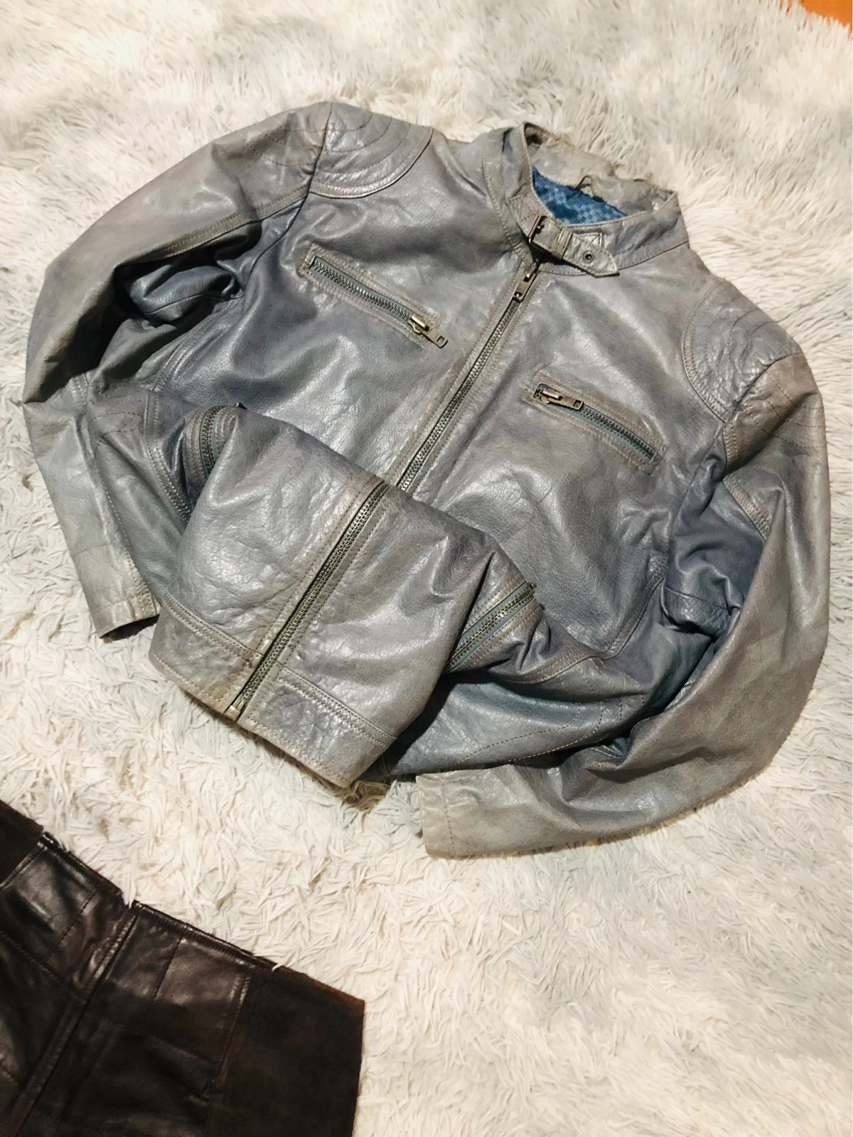 MDM Real Leather Biker Jacket Grey Full Zip Buckle Collar Zipped Chest Pockets Blue Lining - Size 60 – Vintage Dressing – taille Taille unique 3