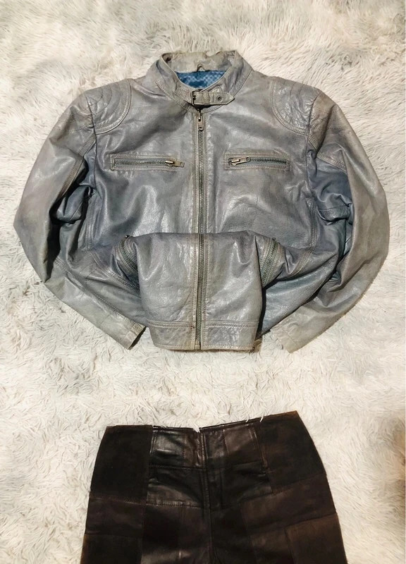 MDM Real Leather Biker Jacket Grey Full Zip Buckle Collar Zipped Chest Pockets Blue Lining - Size 60