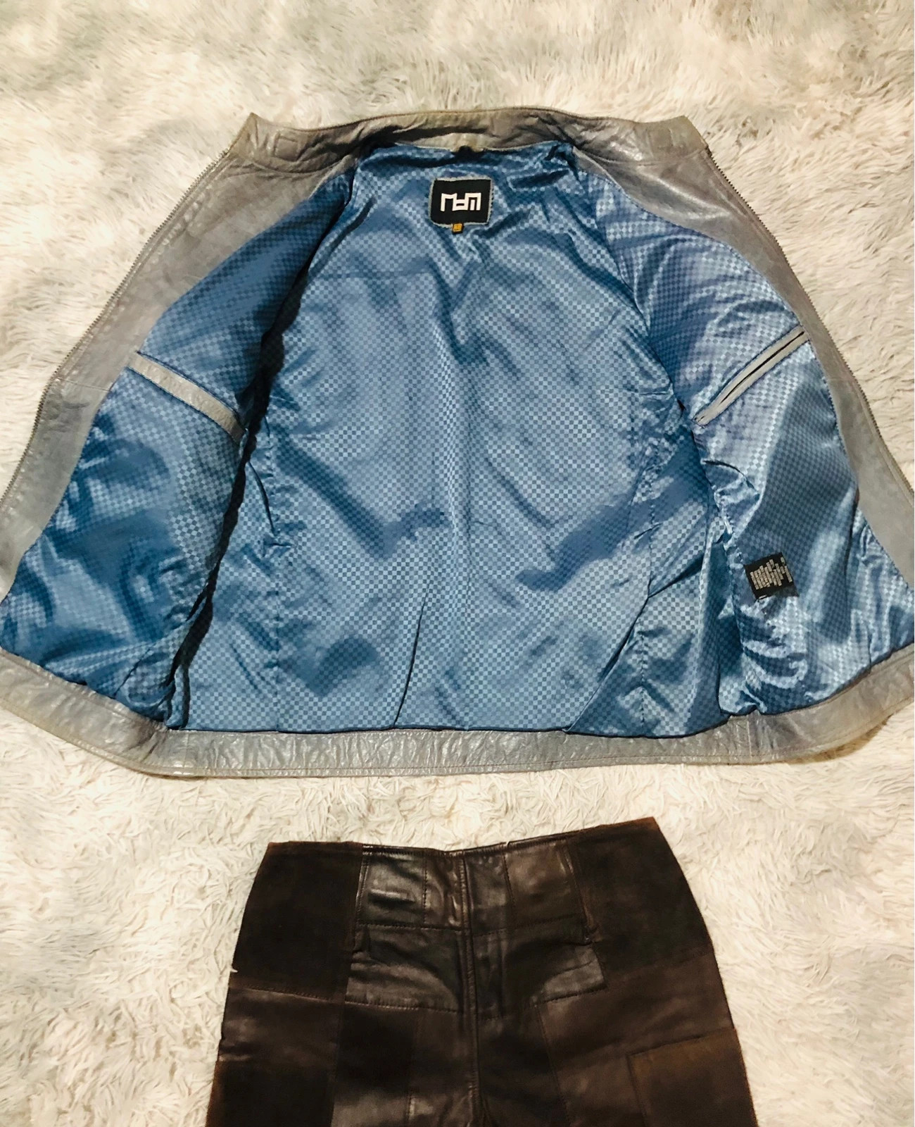 MDM Real Leather Biker Jacket Grey Full Zip Buckle Collar Zipped Chest Pockets Blue Lining - Size 60 – Vintage Dressing – taille Taille unique 5