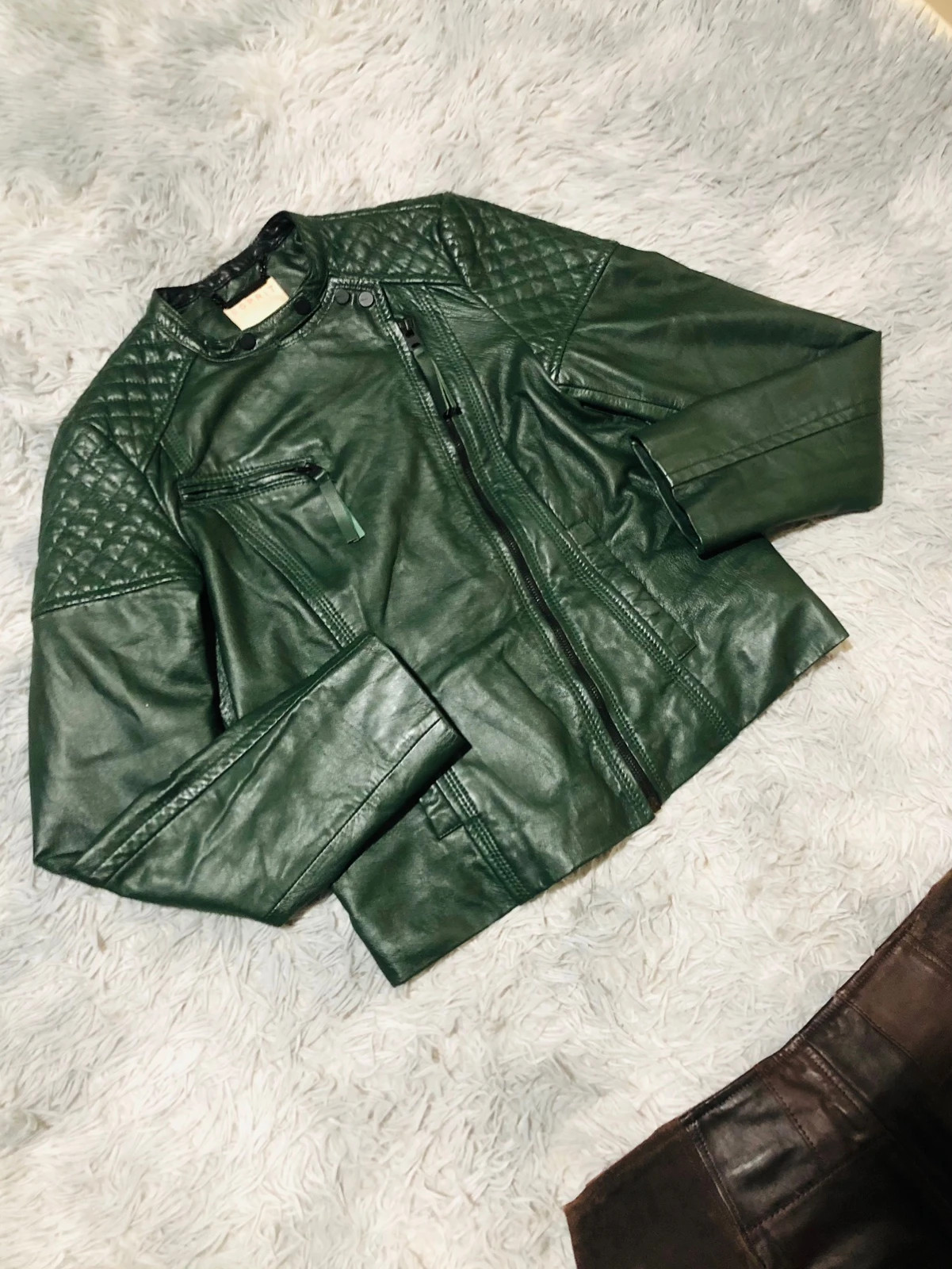Esprit Biker Jacket Dark Green Quilted Shoulders Asymmetric Zip Round Neck Moto - Size M EU 38 UK 12 – Vintage Dressing – taille M / 38 / 10 2