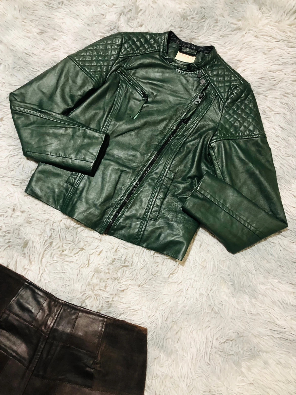 Esprit Biker Jacket Dark Green Quilted Shoulders Asymmetric Zip Round Neck Moto - Size M EU 38 UK 12 – Vintage Dressing – taille M / 38 / 10 3