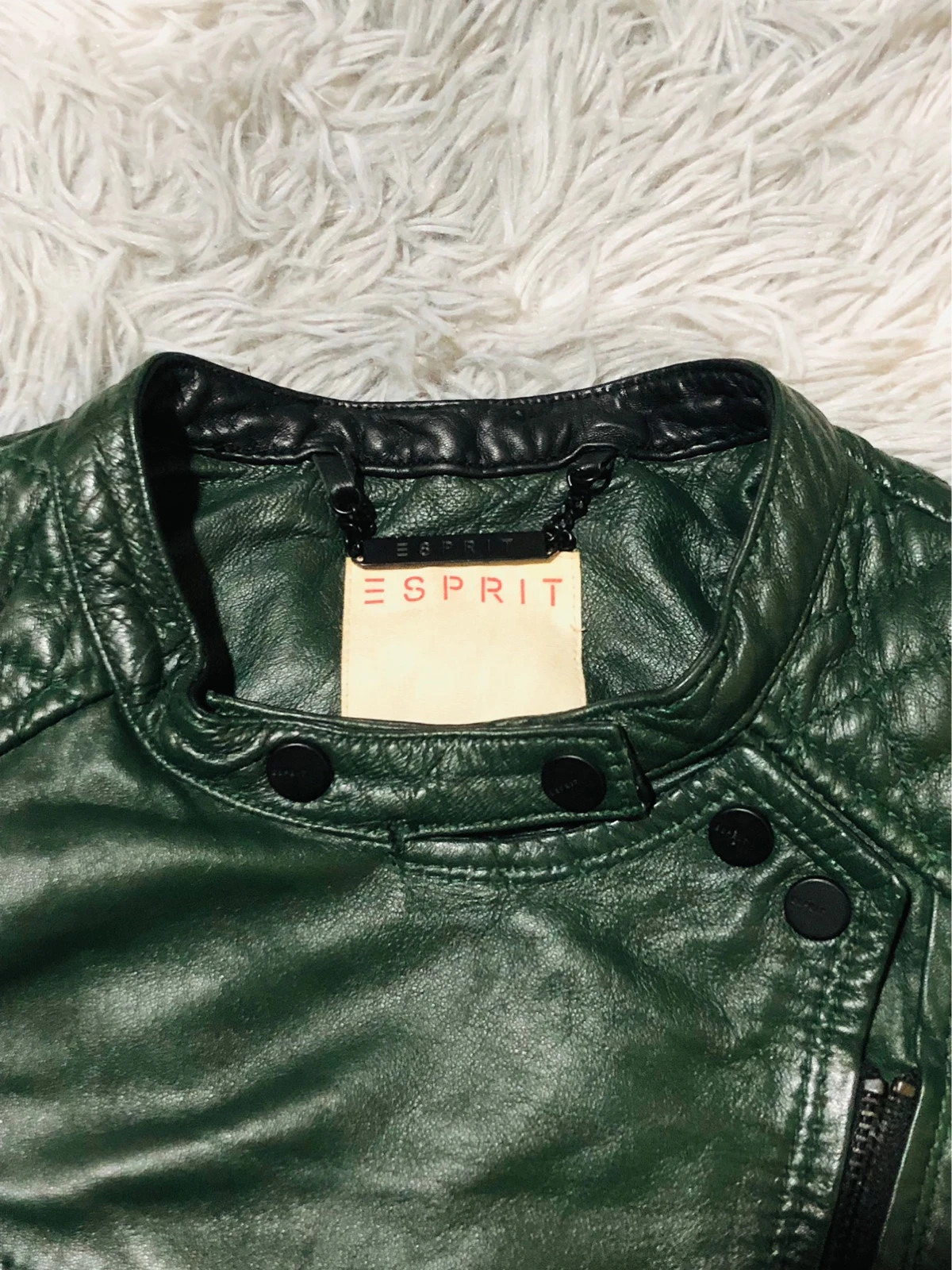 Esprit Biker Jacket Dark Green Quilted Shoulders Asymmetric Zip Round Neck Moto - Size M EU 38 UK 12 – Vintage Dressing – taille M / 38 / 10 4