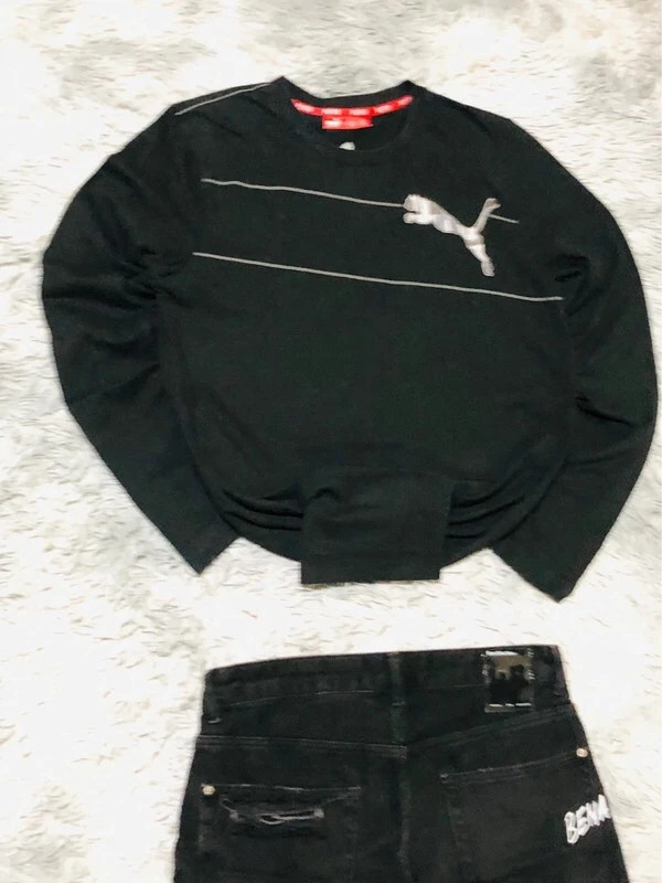 Puma Sweatshirt Black 100% Cotton Crewneck Embroidered Cat Logo Contrast Stitch Long Sleeve - Size M – Puma – taille M 2