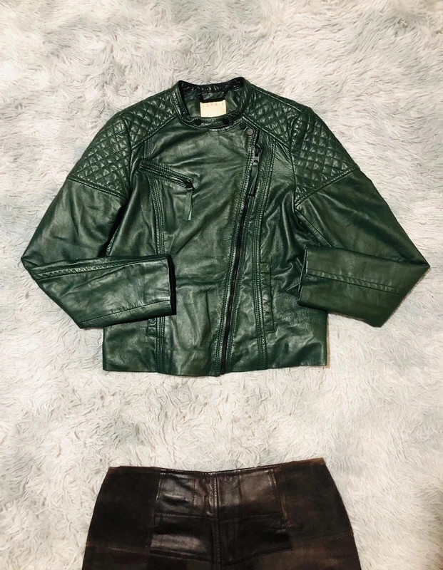 Esprit Biker Jacket Dark Green Quilted Shoulders Asymmetric Zip Round Neck Moto - Size M EU 38 UK 12