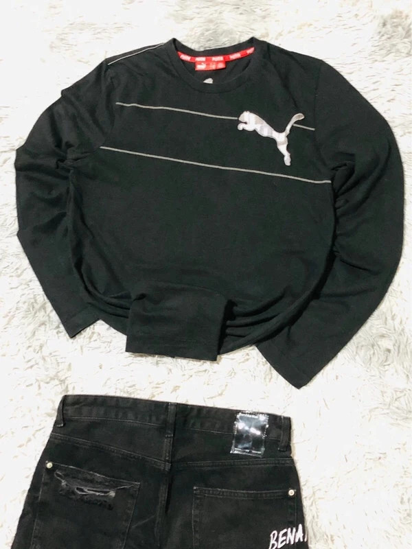 Puma Sweatshirt Black 100% Cotton Crewneck Embroidered Cat Logo Contrast Stitch Long Sleeve - Size M – Puma – taille M 3