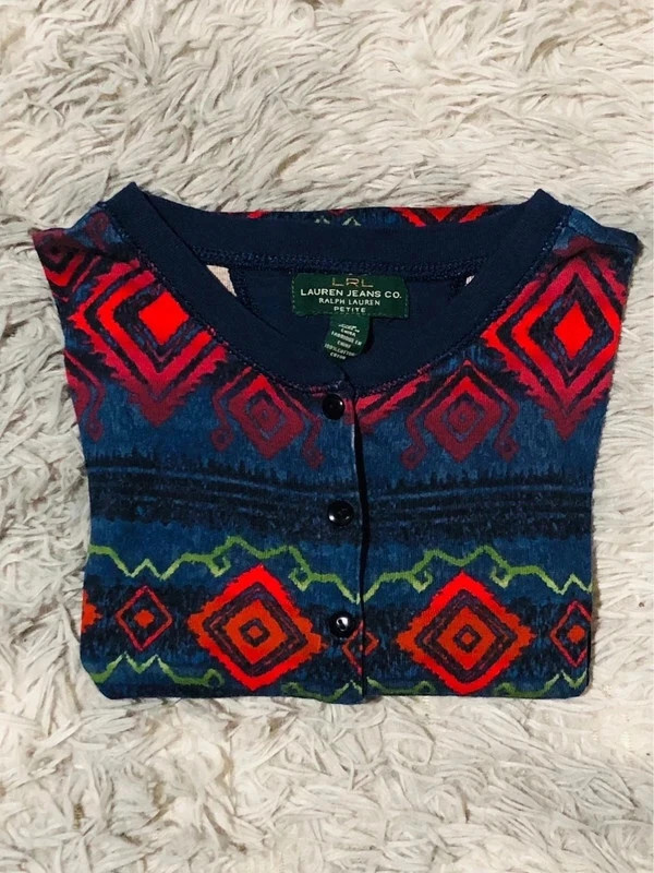 Ralph Lauren Aztec Henley Top Waffle Knit Jersey Print Y2K Retro Boho Vintage 2000s - Size PXS (XS) – Ralph Lauren – taille XXS / 32 / 4 2