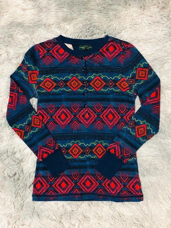 Ralph Lauren Aztec Henley Top Waffle Knit Jersey Print Y2K Retro Boho Vintage 2000s - Size PXS (XS)