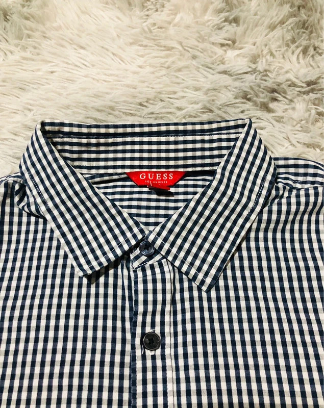 GUESS Shirt Navy White Gingham Check Long Sleeve Button Front Embroidered Chest Logo Casual - Size L – GUESS – taille L 2