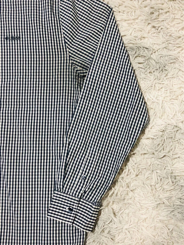 GUESS Shirt Navy White Gingham Check Long Sleeve Button Front Embroidered Chest Logo Casual - Size L – GUESS – taille L 3