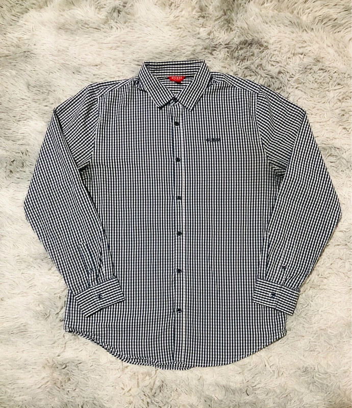 GUESS Shirt Navy White Gingham Check Long Sleeve Button Front Embroidered Chest Logo Casual - Size L