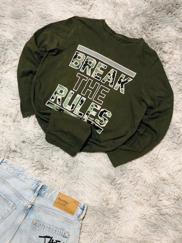 Primark Break The Rules Long Sleeve T-Shirt Khaki Green Camo Streetwear Urban Casual - Size M
