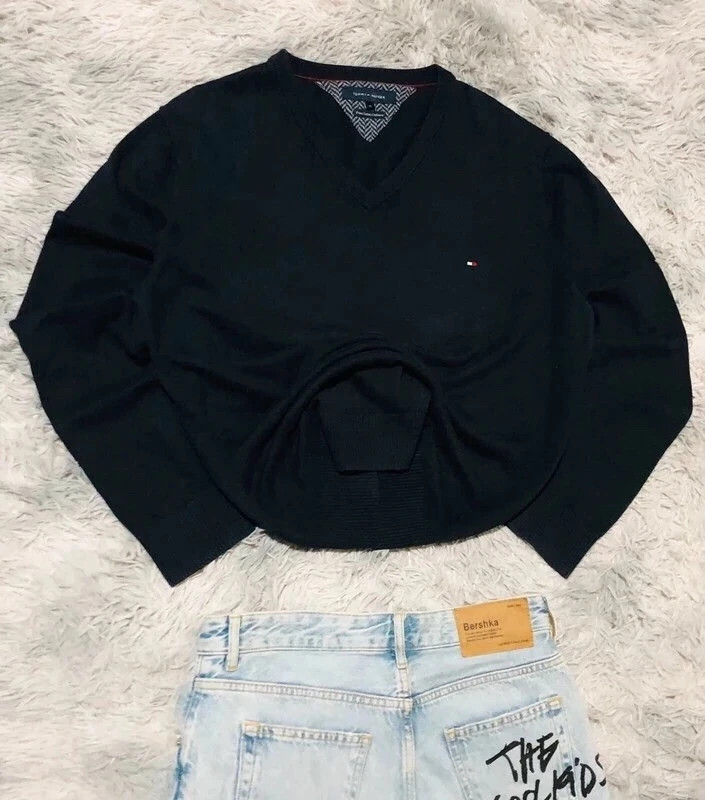 Tommy Hilfiger V-Neck Sweater Jersey Navy Blue Y2K Oldmoney Classic Winter Small Logo Flag - Size XL – Tommy Hilfiger – taille XL 2