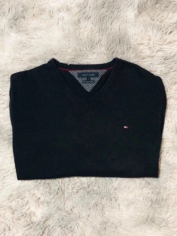 Tommy Hilfiger V-Neck Sweater Jersey Navy Blue Y2K Oldmoney Classic Winter Small Logo Flag - Size XL – Tommy Hilfiger – taille XL 5