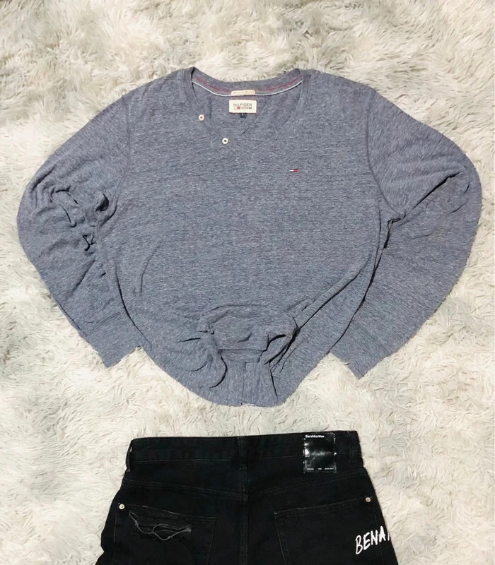 Tommy Hilfiger Denim Button Neck Sweater Jersey Grey Y2K Oldmoney Classic Small Logo Flag - Size L