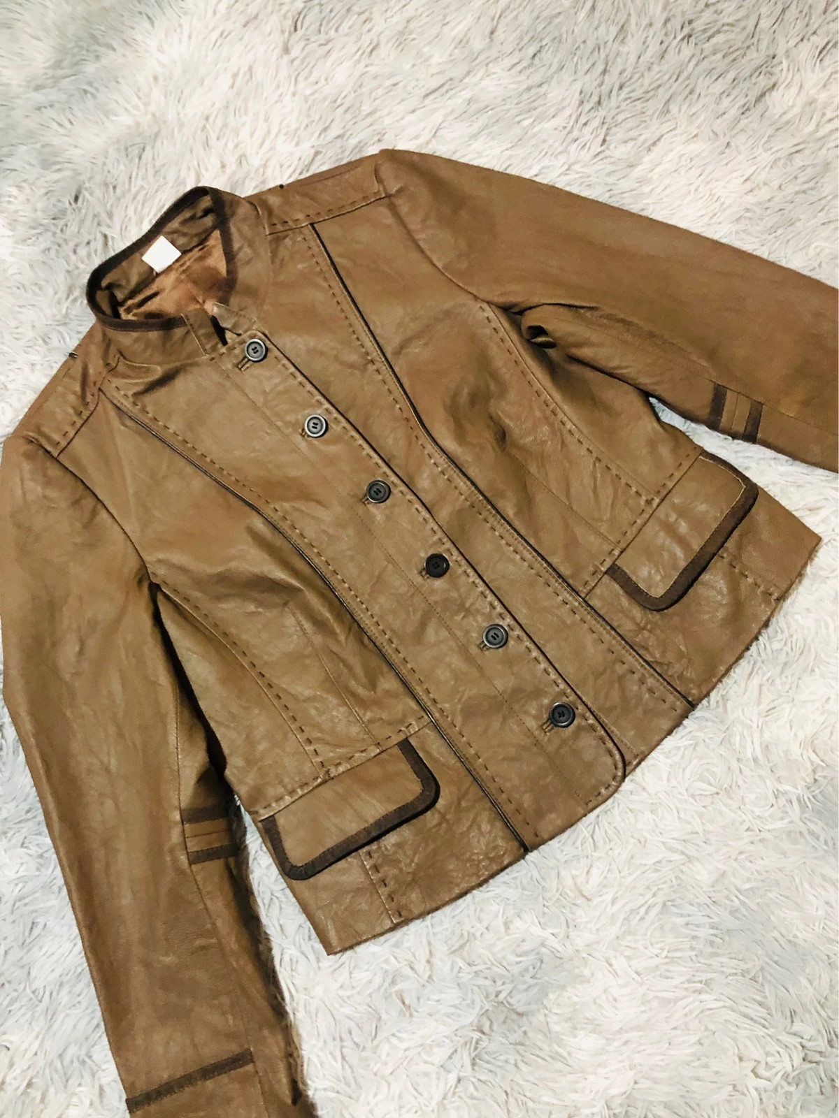 M&S Genuine Leather Jacket Brown Button Front Stand Collar Contrast Trim Flap Pockets - Size L EU 42 – Vintage Dressing – taille L / 40 / 12 2