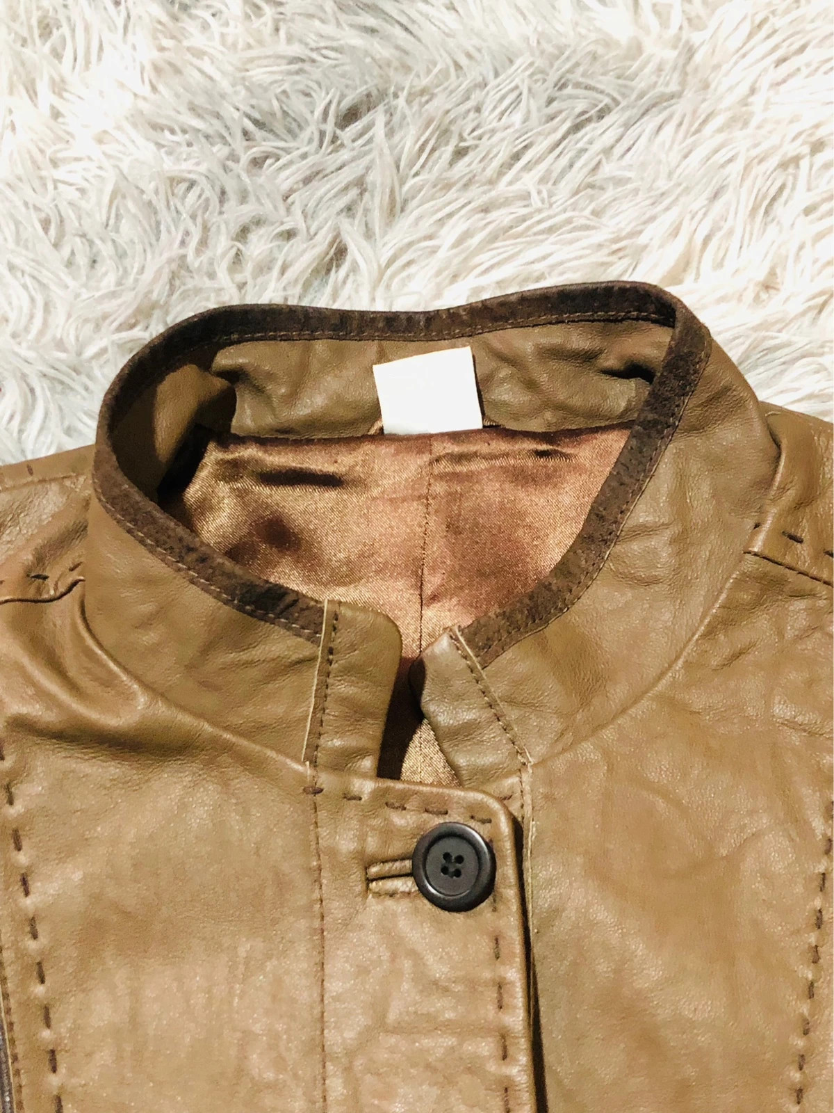 M&S Genuine Leather Jacket Brown Button Front Stand Collar Contrast Trim Flap Pockets - Size L EU 42 – Vintage Dressing – taille L / 40 / 12 4