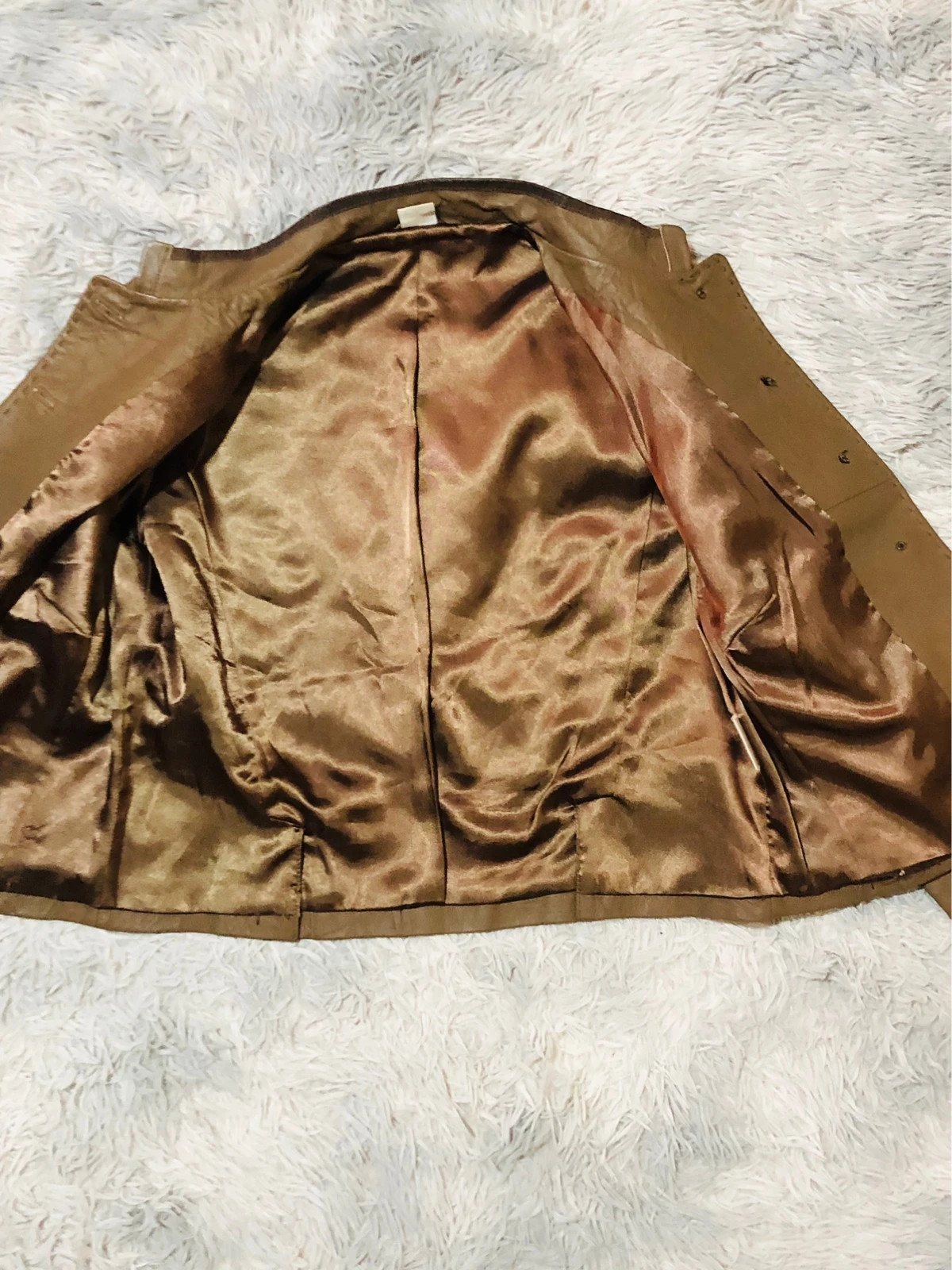 M&S Genuine Leather Jacket Brown Button Front Stand Collar Contrast Trim Flap Pockets - Size L EU 42 – Vintage Dressing – taille L / 40 / 12 5
