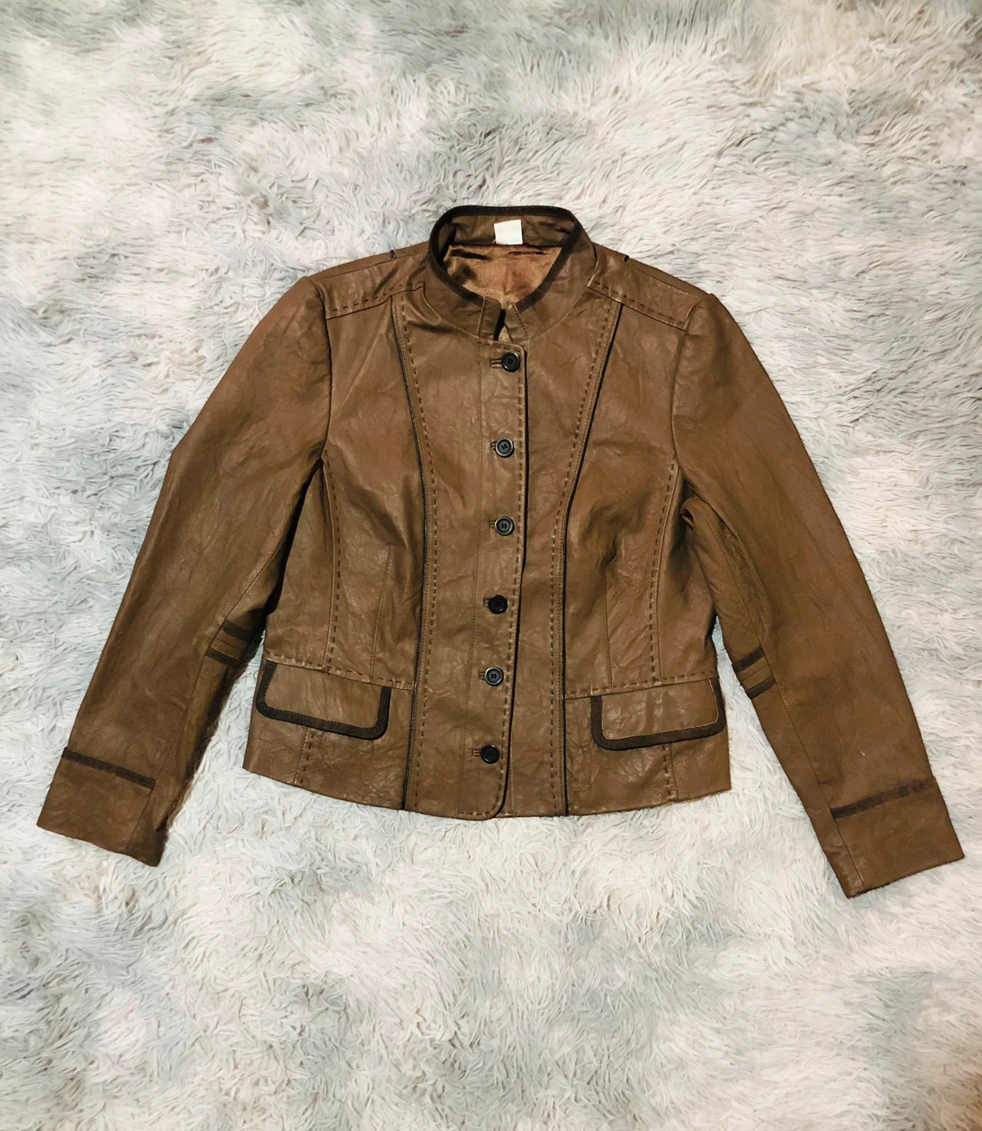 M&S Genuine Leather Jacket Brown Button Front Stand Collar Contrast Trim Flap Pockets - Size L EU 42
