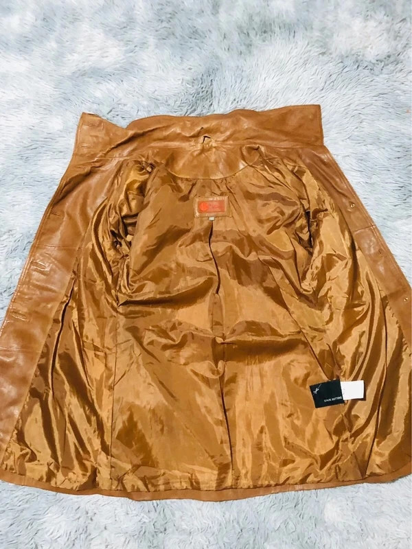 Helium Real Leather Belted Coat Tan Cognac Button Front High Collar Trench 70s Style Y2K - Size 12 M – Vintage Dressing – taille M / 38 / 10 2