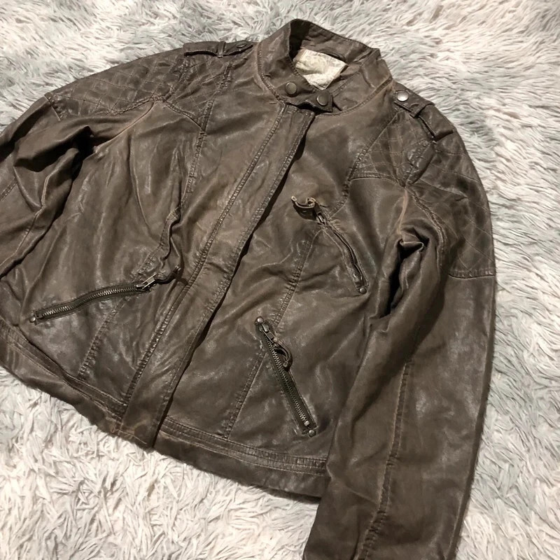 Denim Co. Primark Faux Leather Biker Jacket Tan Asymmetric Zip Quilted Elbows Y2K Style - Size UK 16 – Vintage Dressing – taille XXL / 44 / 16 3