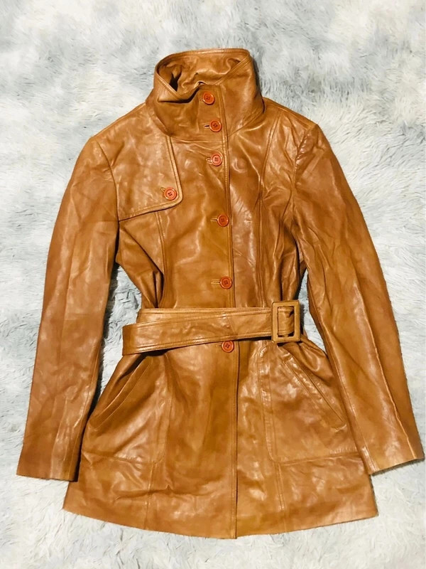 Helium Real Leather Belted Coat Tan Cognac Button Front High Collar Trench 70s Style Y2K - Size 12 M