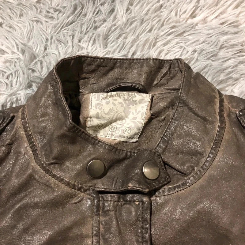 Denim Co. Primark Faux Leather Biker Jacket Tan Asymmetric Zip Quilted Elbows Y2K Style - Size UK 16 – Vintage Dressing – taille XXL / 44 / 16 4