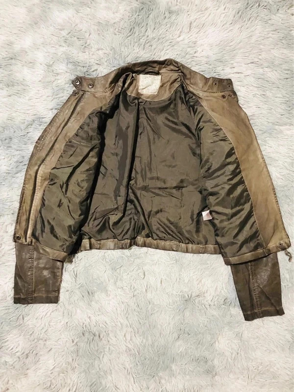 Denim Co. Primark Faux Leather Biker Jacket Tan Asymmetric Zip Quilted Elbows Y2K Style - Size UK 16 – Vintage Dressing – taille XXL / 44 / 16 5