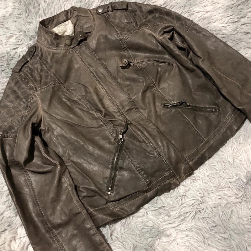 Denim Co. Primark Faux Leather Biker Jacket Tan Asymmetric Zip Quilted Elbows Y2K Style - Size UK 16 – Vintage Dressing – taille XXL / 44 / 16 2