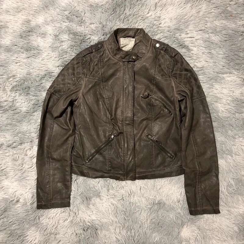 Denim Co. Primark Faux Leather Biker Jacket Tan Asymmetric Zip Quilted Elbows Y2K Style - Size UK 16
