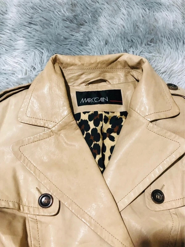 Marc Cain Real Leather Trench Coat Beige Belted Double Breasted Leopard Lining 70s Style - Size N3 M – Marc Cain – taille M / 38 / 10 4