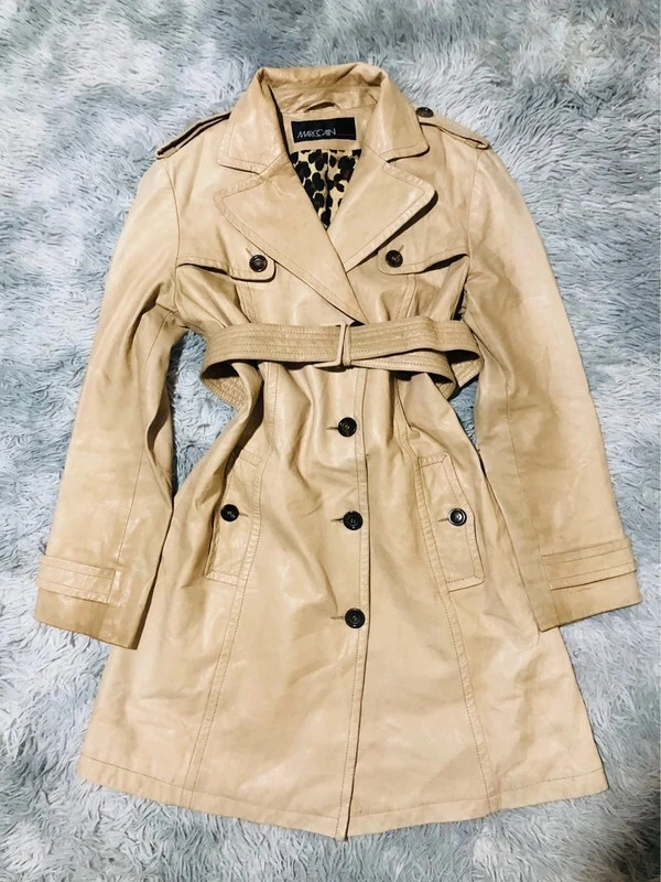 Marc Cain Real Leather Trench Coat Beige Belted Double Breasted Leopard Lining 70s Style - Size N3 M
