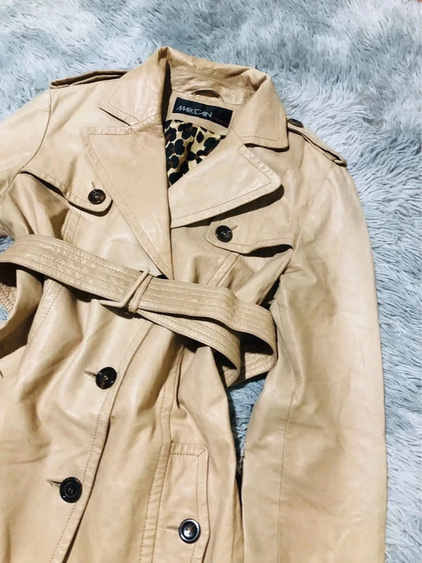 Marc Cain Real Leather Trench Coat Beige Belted Double Breasted Leopard Lining 70s Style - Size N3 M – Marc Cain – taille M / 38 / 10 3
