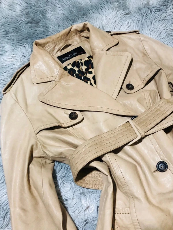 Marc Cain Real Leather Trench Coat Beige Belted Double Breasted Leopard Lining 70s Style - Size N3 M – Marc Cain – taille M / 38 / 10 2