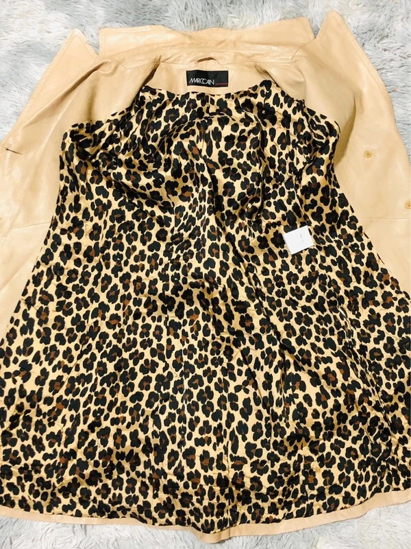 Marc Cain Real Leather Trench Coat Beige Belted Double Breasted Leopard Lining 70s Style - Size N3 M – Marc Cain – taille M / 38 / 10 5