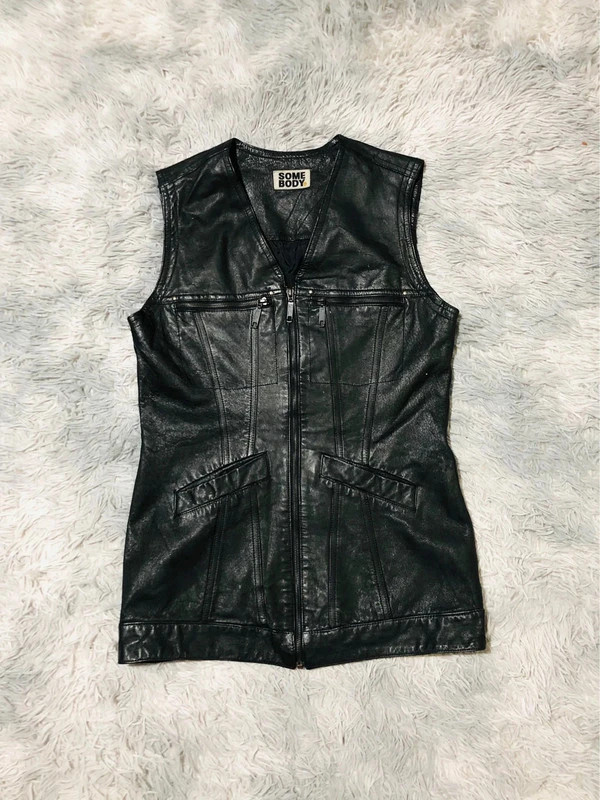 Somebody Genuine Pig Leather Vest Black Zip V Neck Zipped Chest Pockets Y2K Style Moto - Size S EU36