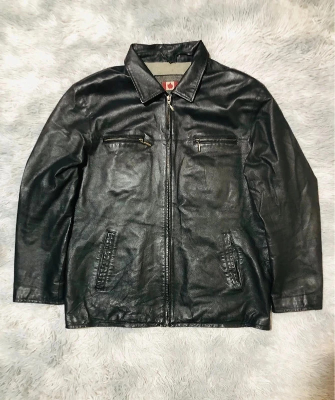 Angelo Litrico Black Leather Jacket Full Zip Chest Pocket Canadian Winter Lining - Size XL