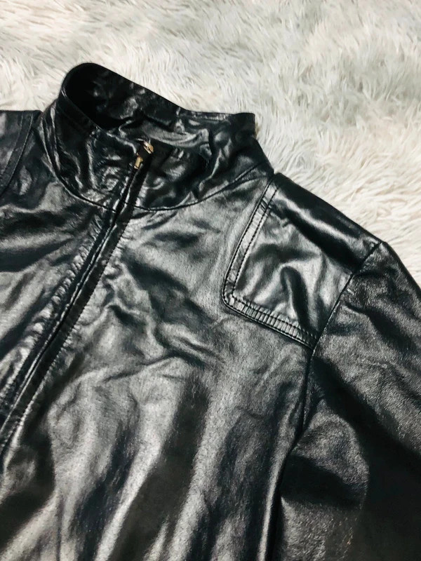 United Colors of Benetton Real Leather Overcoat Black Zip Stand Collar Matrix Y2K 00s Style - Size M – Vintage Dressing – taille M / 38 / 10 3