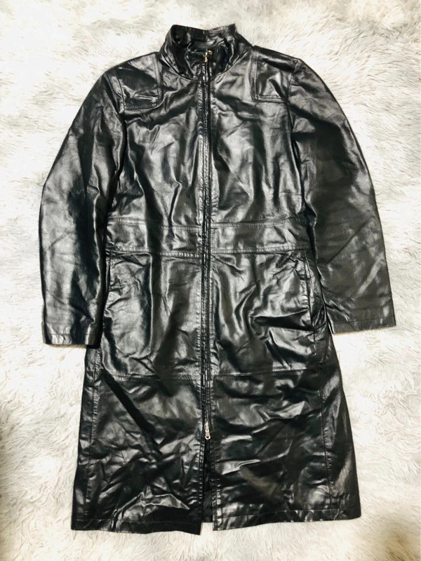 United Colors of Benetton Real Leather Overcoat Black Zip Stand Collar Matrix Y2K 00s Style - Size M