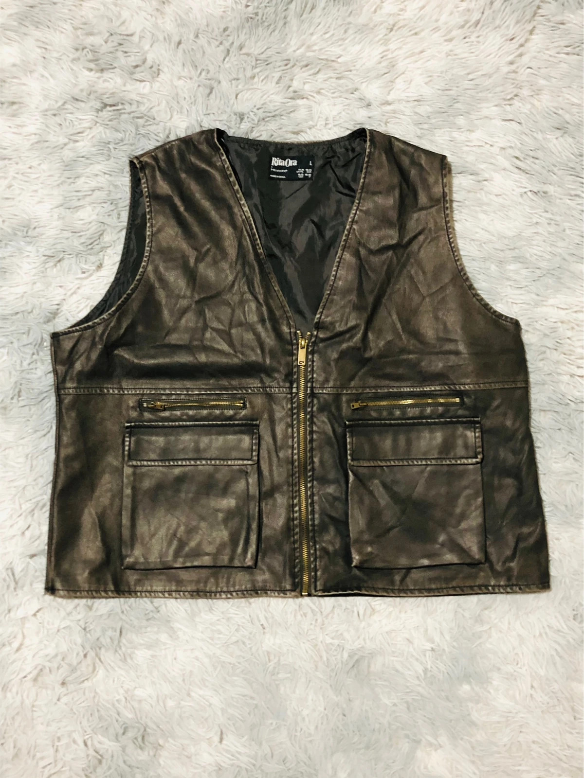 Rita Ora Primark Faux Leather Vest Brown Zip Front Cargo Pockets Sleeveless Biker Y2K - Size L 42-44