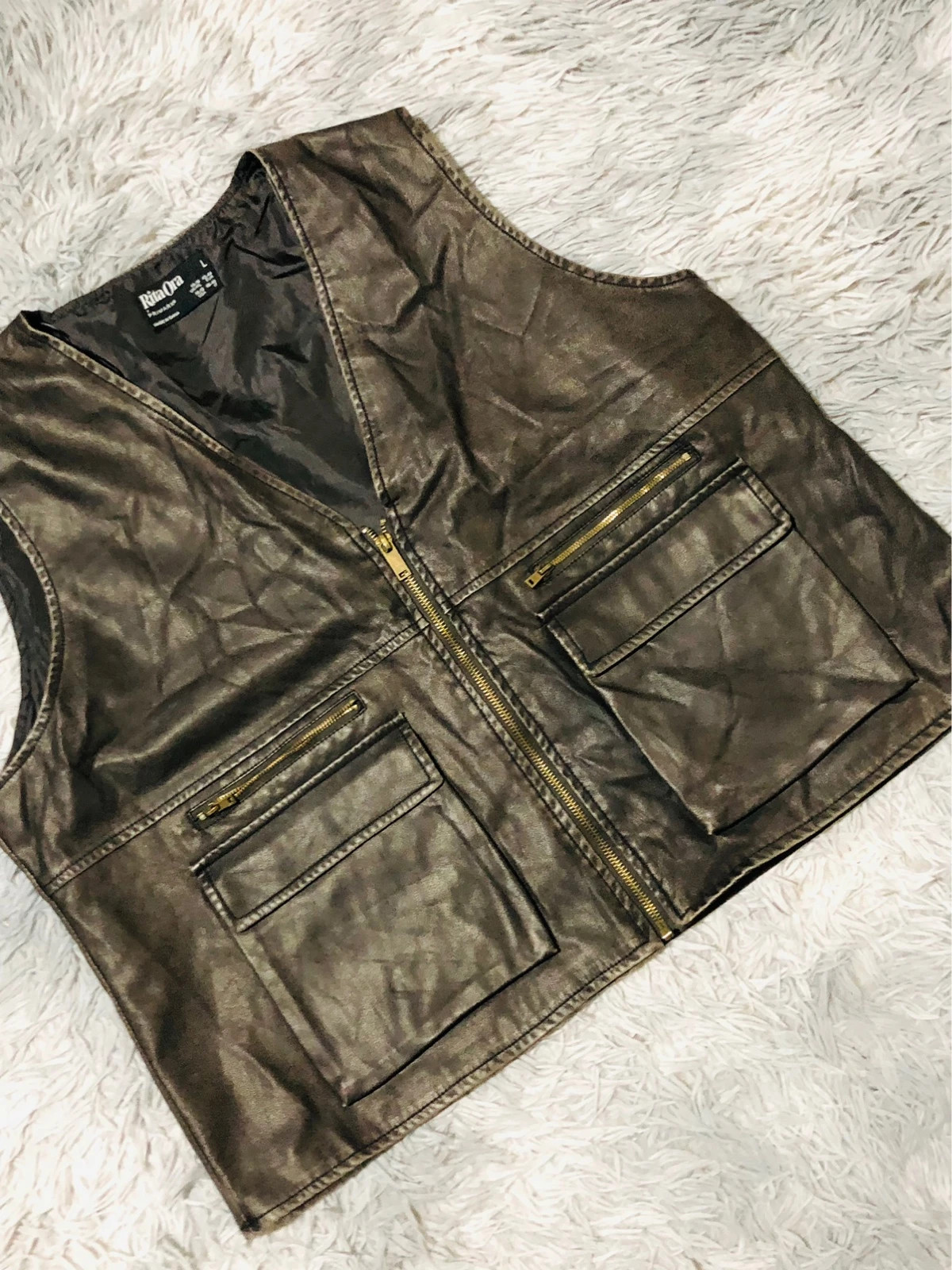 Rita Ora Primark Faux Leather Vest Brown Zip Front Cargo Pockets Sleeveless Biker Y2K - Size L 42-44 – Vintage Dressing – taille L / 40 / 12 2