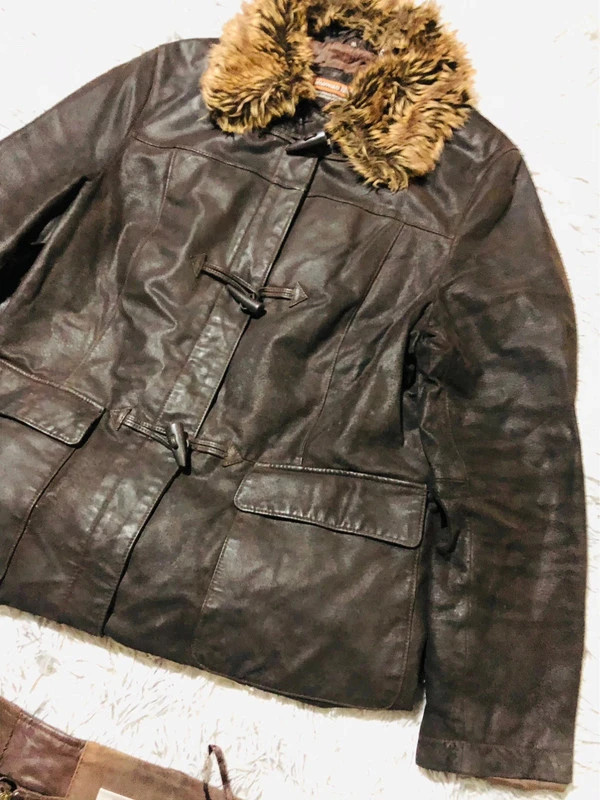 Human Nature Real Leather Coat Dark Brown Faux Fur Collar Toggles Zip Winter Vintage Style - Size XL – Vintage Dressing – taille XL / 42 / 14 3