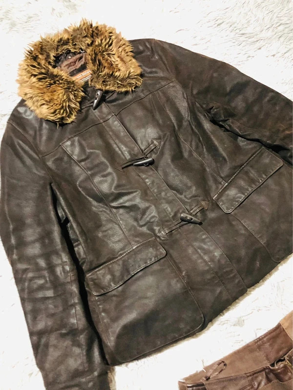 Human Nature Real Leather Coat Dark Brown Faux Fur Collar Toggles Zip Winter Vintage Style - Size XL – Vintage Dressing – taille XL / 42 / 14 2