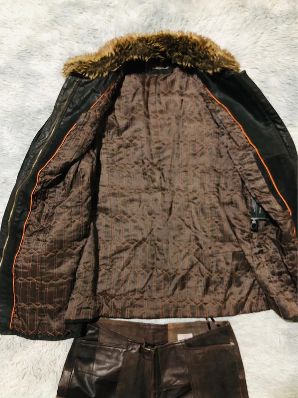 Human Nature Real Leather Coat Dark Brown Faux Fur Collar Toggles Zip Winter Vintage Style - Size XL – Vintage Dressing – taille XL / 42 / 14 5