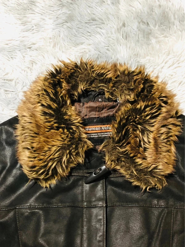 Human Nature Real Leather Coat Dark Brown Faux Fur Collar Toggles Zip Winter Vintage Style - Size XL – Vintage Dressing – taille XL / 42 / 14 4