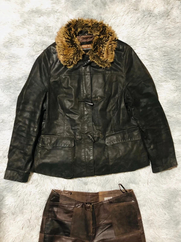Human Nature Real Leather Coat Dark Brown Faux Fur Collar Toggles Zip Winter Vintage Style - Size XL
