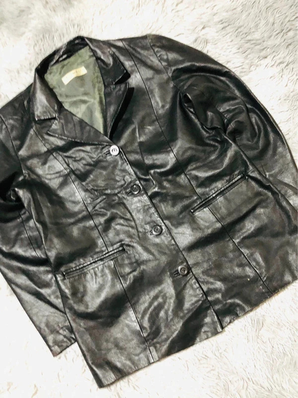 Codi Real Leather Blazer Black Button Front Notched Lapels Pockets Tailored Vintage Style Y2K Jacket – Vintage Dressing – taille L / 40 / 12 2