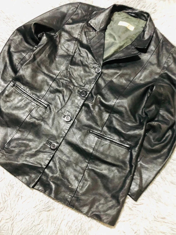 Codi Real Leather Blazer Black Button Front Notched Lapels Pockets Tailored Vintage Style Y2K Jacket – Vintage Dressing – taille L / 40 / 12 3