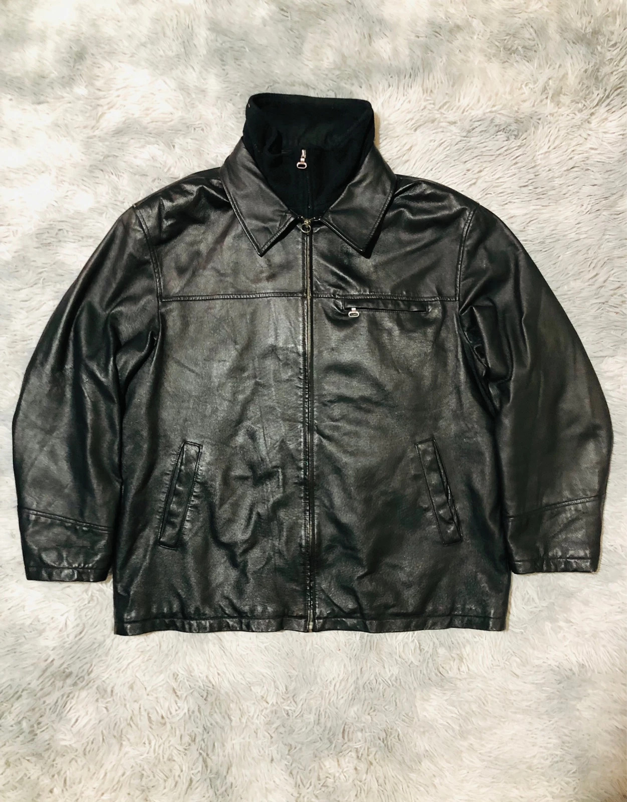 ARMA Genuine Pig Leather Jacket Black Zip Front Removable Inner Collar Chest Pocket - Size XXL EU 56